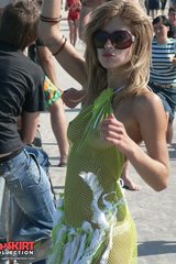 hot beach blonde in fishnet dress